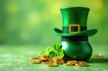 Green pot filled with gold coins, topped with a leprechaun hat with a golden buckle. A lucky shamrock rests nearby, symbolizing Irish heritage, prosperity, and St. Patrick’s Day traditions