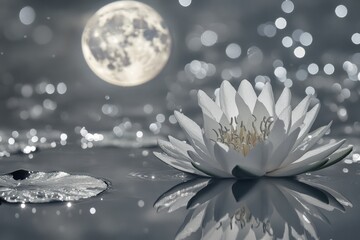 Serene white water lily blossoms under the moonlight, reflecting in calm water, creating a tranquil scene.