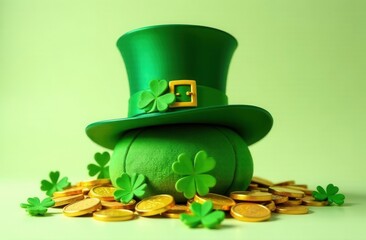 Green leprechaun hat with a golden buckle resting on a soft green fabric ball, surrounded by gold coins and shamrocks, symbolizing luck, prosperity, and St. Patrick’s Day traditions