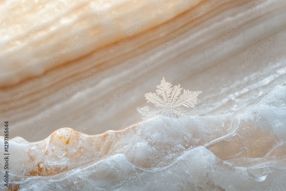 Poster a delicate snowflake rests on a textured ice surface, creating a beautiful winter scene.