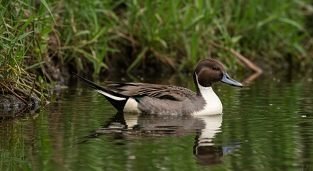 Obraz premium Pintail Duck in Tranquil Waters - A pintail duck gracefully floats on calm water, surrounded by lush greenery. It symbolizes peace, nature, wildlife, freedom, and tranquility