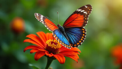 A colorful butterfly with intricate wing patterns resting on a vibrant flower against a green foliage background with copy space.