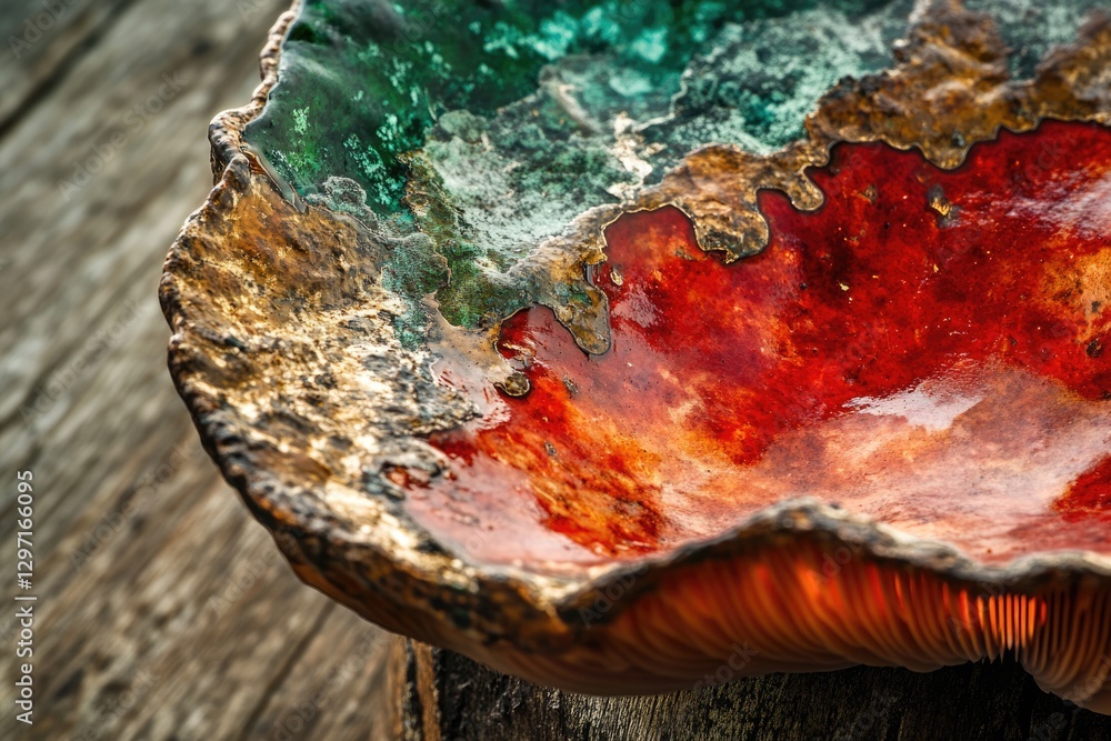 Poster close-up of a vibrant red and green mushroom with a unique texture, showcasing intricate details and