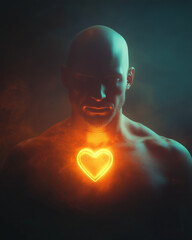 Mysterious bald man with glowing heart in moody lighting