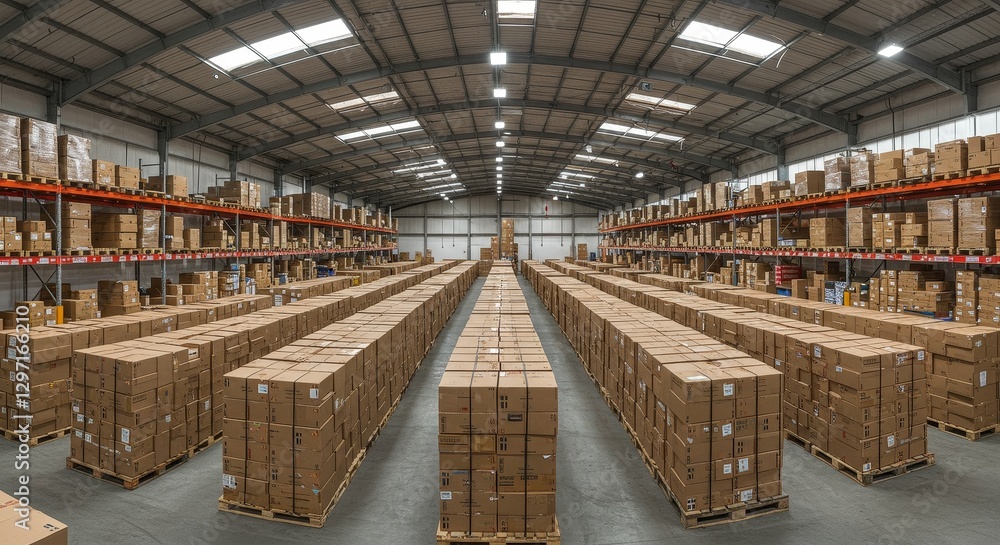Poster ready for shipment: stacked cardboard boxes in warehouse - rows of neatly stacked cardboard boxes fi