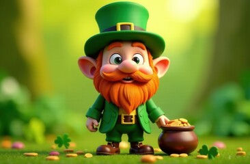 Adorable cartoon leprechaun with a bushy red beard, dressed in a green suit and top hat, standing in a magical forest next to a pot of gold coins, surrounded by shamrocks and colorful clovers