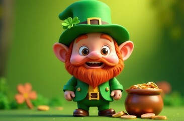Cheerful cartoon leprechaun with a big red beard, wearing a green outfit and hat adorned with a shamrock, standing next to a pot of gold coins in a magical forest setting with soft lighting