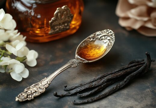 Elegant silver spoon with honey and vanilla pods on a rustic wooden surface, surrounded by decorative flowers and an antique jar of syrupy sweetness