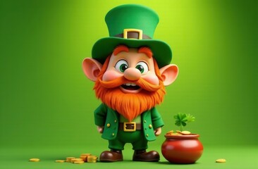 Smiling cartoon leprechaun with a bright red beard, wearing a green outfit and top hat, standing next to a pot of gold coins with a shamrock on top, set against a vibrant green background