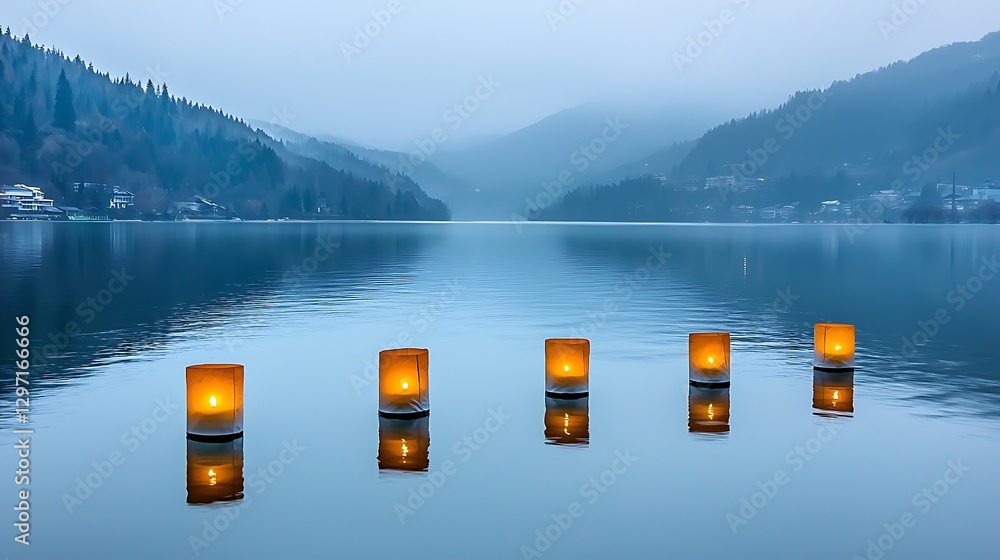 Poster tranquil lake at dusk with illuminated lanterns and misty mountains in background