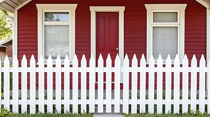 Charming red house with white picket fence and front door in a suburban landscape
