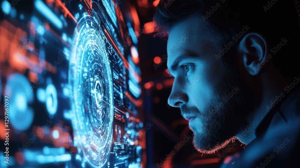 Poster software engineer concentrating on complex code displayed on a futuristic transparent screen, workin