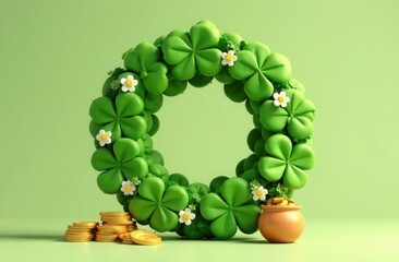 Festive wreath made of lush green clovers with delicate white flowers, symbolizing luck and prosperity, placed against a soft green background with gold coins and a small pot of treasure