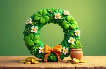 Elegant clover wreath adorned with delicate white flowers and an orange ribbon, symbolizing luck and prosperity, placed on a wooden surface with gold coins and a small potted plant nearby