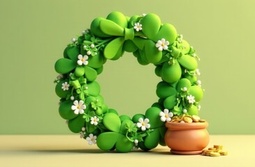 Elegant clover wreath adorned with delicate white flowers and a green bow, symbolizing luck and prosperity, placed beside a pot of gold coins on a soft green background