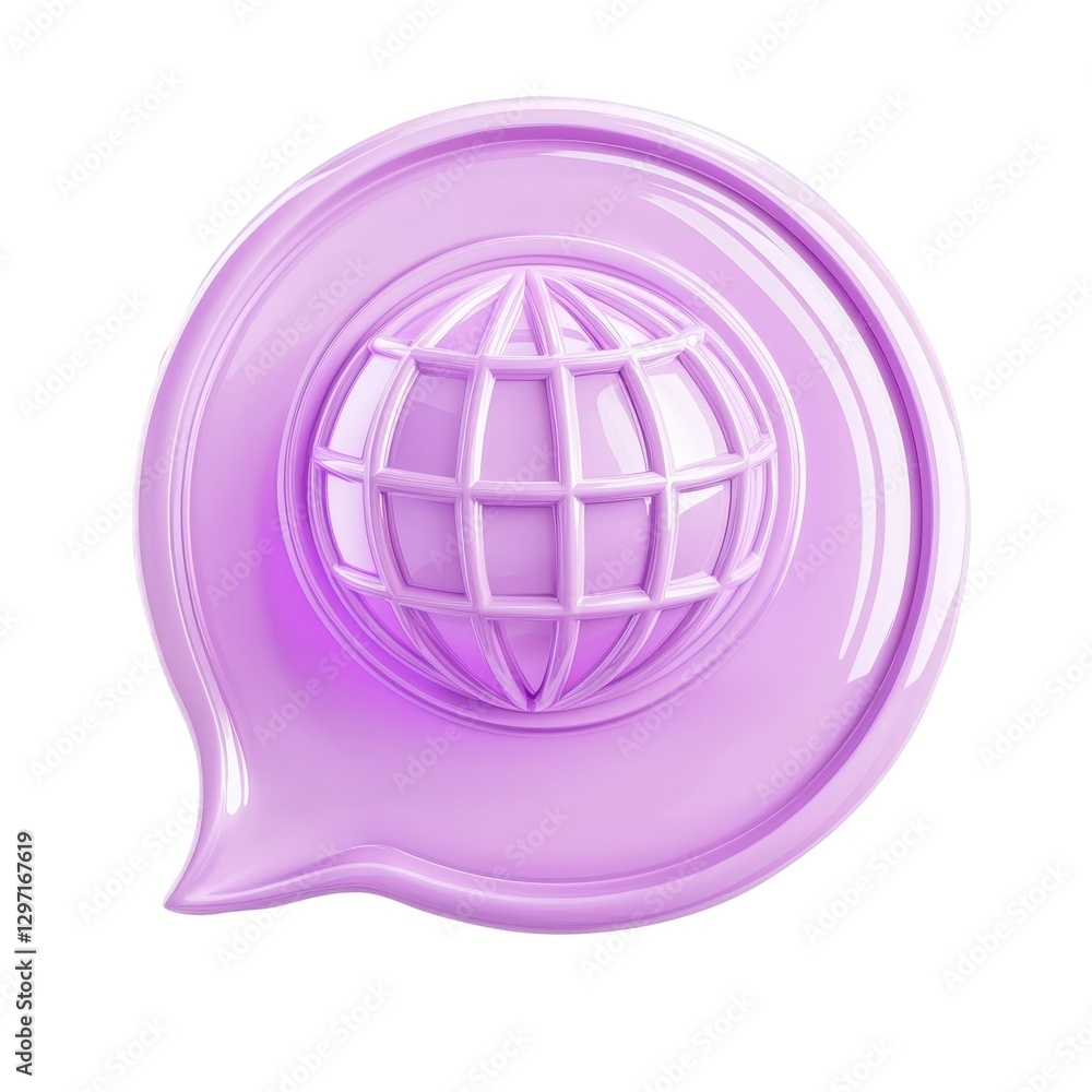 Poster 3d glossy purple speech bubble showing world map icon isolated on transparent background, perfect fo