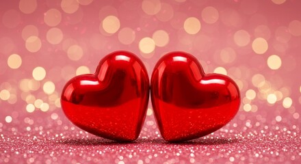 Obraz premium Romantic Valentine's Day Hearts - Two glossy red hearts on a pink glitter background. Symbolizing love, romance, Valentine's Day, connection, and affection. Transparent background