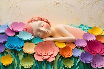 Naked woman statue sleeping on flower bed over sand floor. Artistic nude sculpture in nature. Wall art