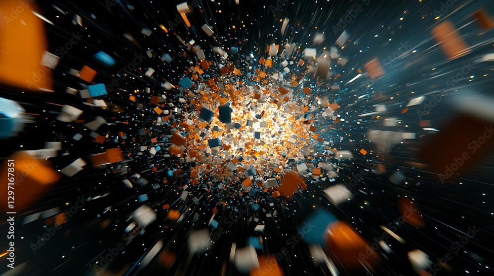 Poster dynamic explosion of colorful cubes with radiating light effects in space
