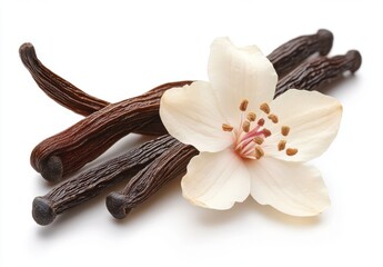 Elegant vanilla flower with vibrant brown vanilla pods isolated on white background, showcasing the beauty of natural ingredients in gourmet cooking