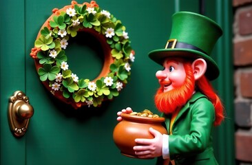 Cheerful leprechaun in a green suit and hat holding a pot of gold, standing by a festive clover wreath with white flowers on a green door, symbolizing luck, prosperity, and Irish traditions