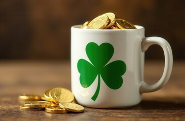 White ceramic mug with green shamrock symbol filled with gold coins, placed on rustic wooden surface with additional scattered coins, symbolizing luck, prosperity, and Saint Patrick's Day celebration
