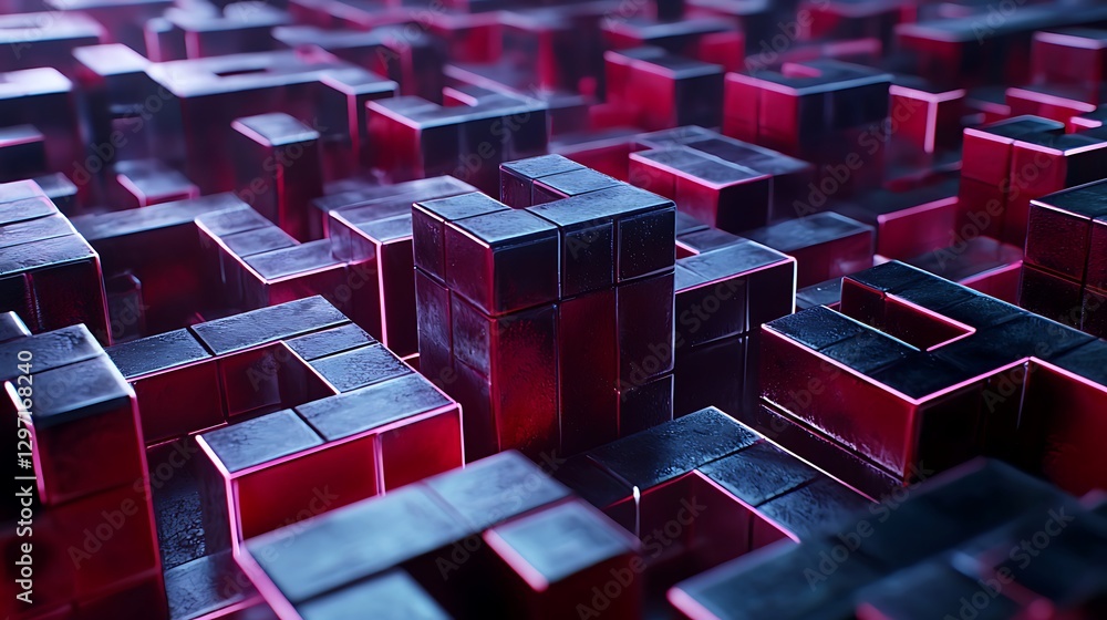 Aufkleber abstract maze with glowing elements and geometric shapes in dark background