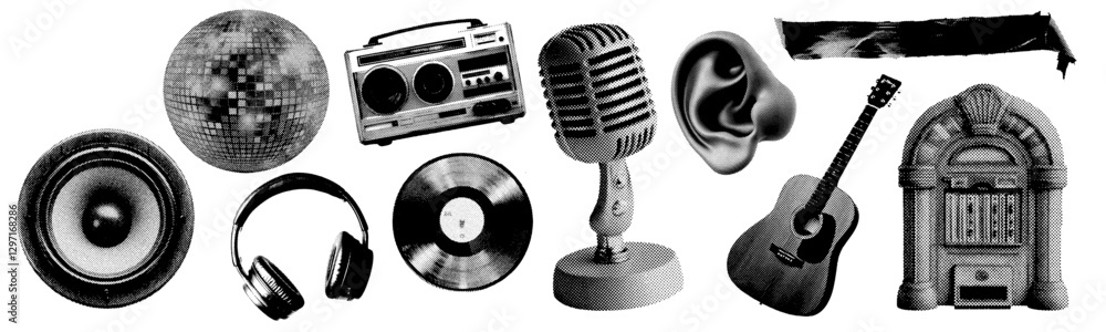Poster set of music and instrument halftone grunge vector design elements
