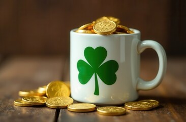White ceramic mug  green shamrock design, filled with gold coins, placed on rustic wooden surface with additional coins scattered around, symbolizing luck, wealth, Saint Patrick's Day celebration