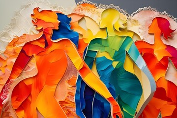 Oil painting origami style different colored women dancing and representing diversity, friendship, unity, teamwork, humanity. Watercolor style. Celebrating women’s day