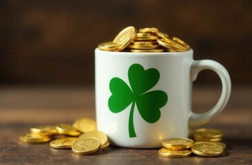 White ceramic mug green shamrock design, filled with gold coins, placed on rustic wooden surface with additional coins scattered around, symbolizing luck, prosperity, Saint Patrick's Day celebration