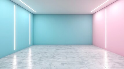 Fototapeta premium Modern Minimalist Interior with Blue and Pink Walls and Bright Ambient Lighting
