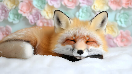 Fototapeta premium Sleeping red fox on snow, pastel flower backdrop