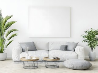 Bright modern living room with a white sofa, gray cushions, and a blank canvas on the wall. Plants and wooden tables add a natural, cozy vibe.  
