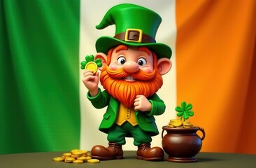 Cheerful leprechaun in a green suit and hat holding a gold coin and shamrock, standing in front of the Irish flag next to a pot of gold, symbolizing luck, fortune, and Saint Patrick's Day celebration
