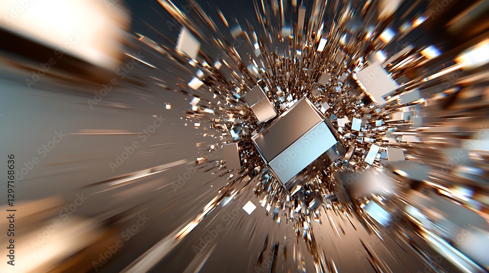 Poster dynamic abstract representation of explosive energy with shimmering geometric shapes