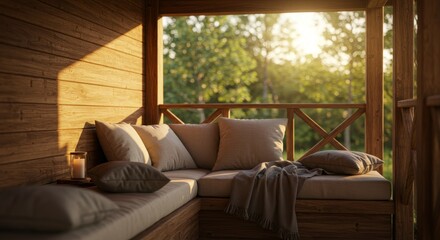 Serene Wooden Porch Seating - Cozy outdoor seating area on a wooden porch, bathed in warm sunlight. Perfect for relaxation and enjoying nature