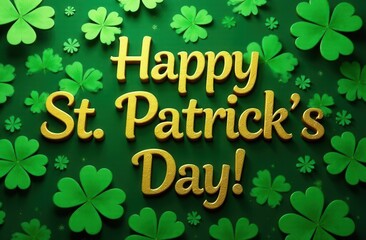 Happy St. Patrick's Day message in golden 3D lettering on a deep green background decorated with vibrant shamrocks, symbolizing Irish culture, luck, and the festive spirit of the holiday