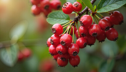 Close-up of vivid hawthorn berries on branches, vibrant mood, glowing in sunlight background