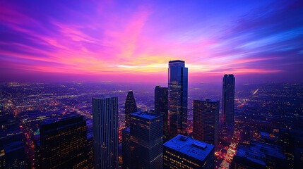 Obraz premium City skyline at dusk, bathed in pink and purple hues. Tall buildings rise against a vibrant sky, illuminated with city lights below.
