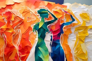 Oil painting origami style different colored women dancing and representing diversity, friendship, unity, teamwork, humanity. Watercolor style. Celebrating women’s day