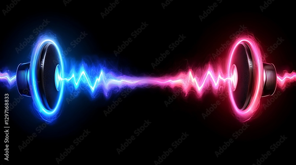 Poster dynamic visual of sound waves represented by colorful speakers on a dark background