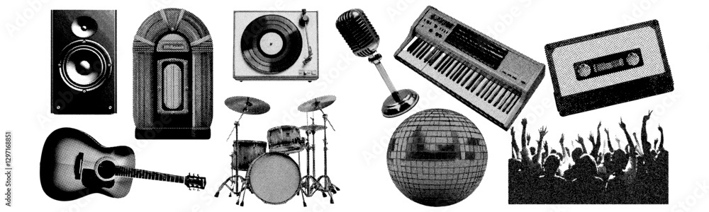 Canvas Prints set of music and instrument halftone grunge vector design elements