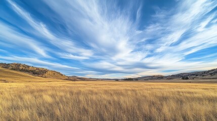A beautiful grassy landscape with wispy clouds in the sky