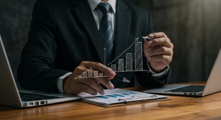 Professional businessman analyzing financial growth charts with virtual graphics overlay, strategic planning and data visualization for corporate success and investment forecasting