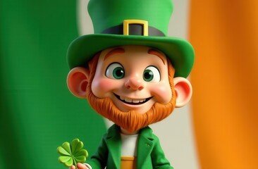 Cheerful leprechaun with a bright smile holds a lucky four-leaf clover in front of the Irish flag, dressed in a traditional green outfit with a tall hat, celebrating St. Patrick's Day with joy