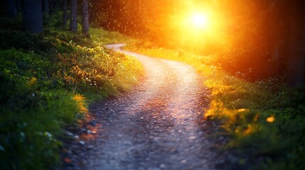 Obraz premium Golden Sunset Path Winding Through A Forest