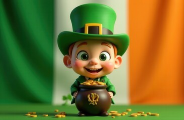 Adorable young leprechaun with bright green eyes and a joyful smile holds a pot of gold in front of the Irish flag, dressed in a classic green outfit with a tall hat, celebrating St. Patrick's Day