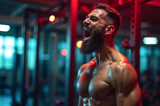 Sweat glistens on the muscular body as the man shouts with determination, pushing himself through a challenging set in a lively gym environment filled with colorful lights