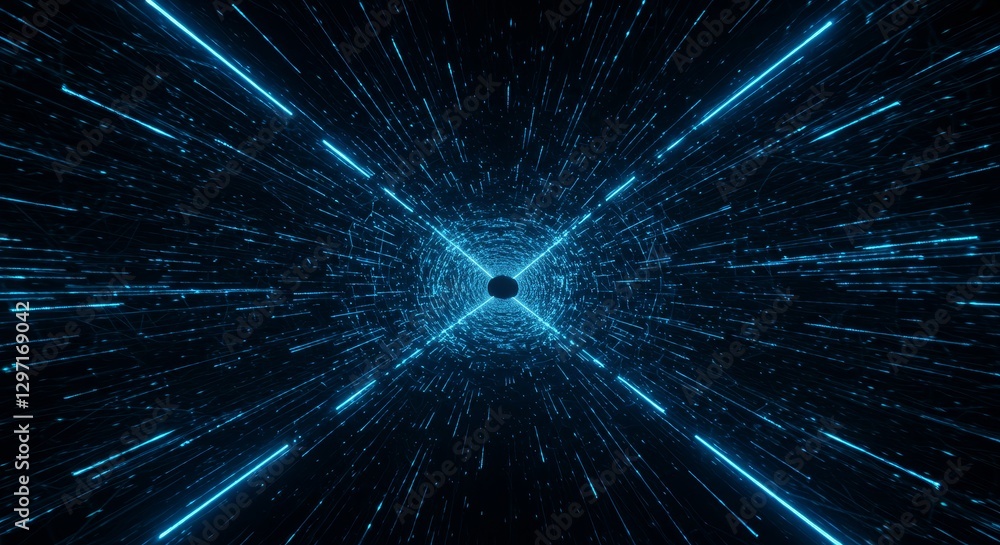 Poster speed tunnel - abstract of a tunnel with glowing blue lines and particles, perfect for technology or